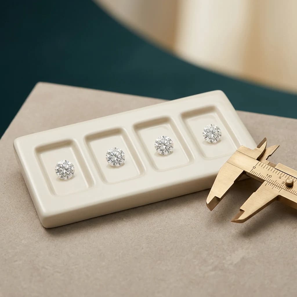 Four matched lab-grown diamonds arranged in a row representing the 4Cs of diamond quality