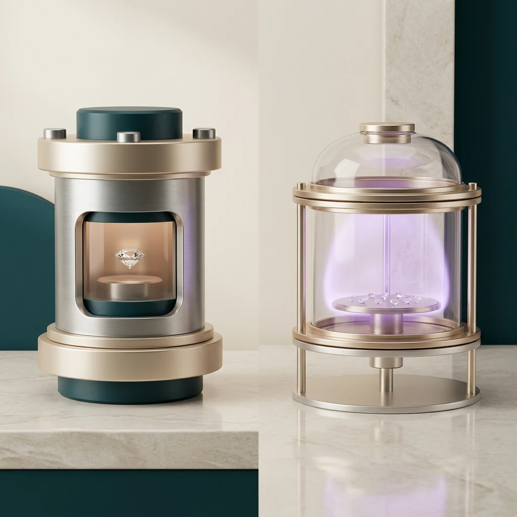 HPHT press and CVD plasma chamber compared side by side for lab-grown diamond growth