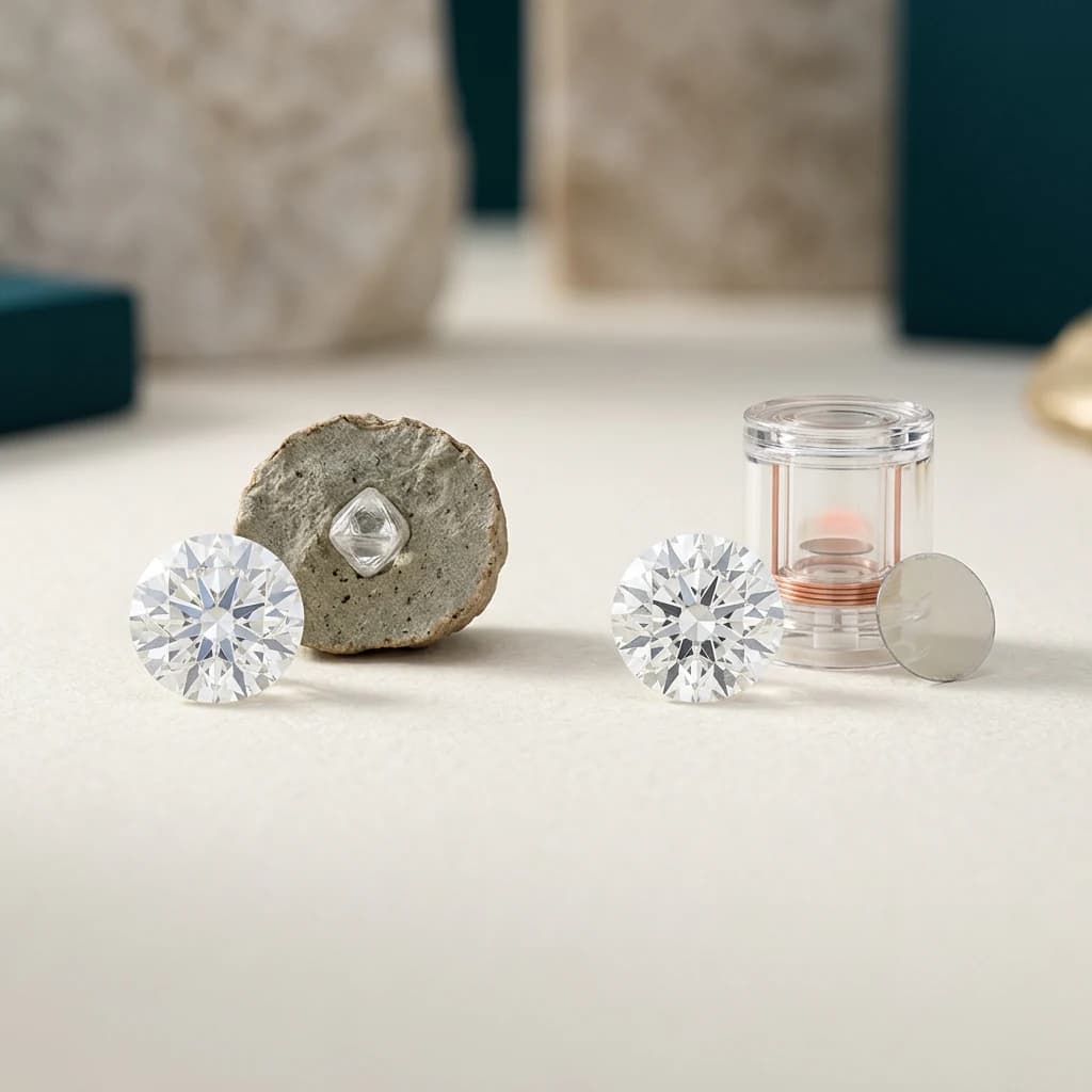 Two identical polished diamonds side by side, one with natural rock origin context and one with laboratory growth context
