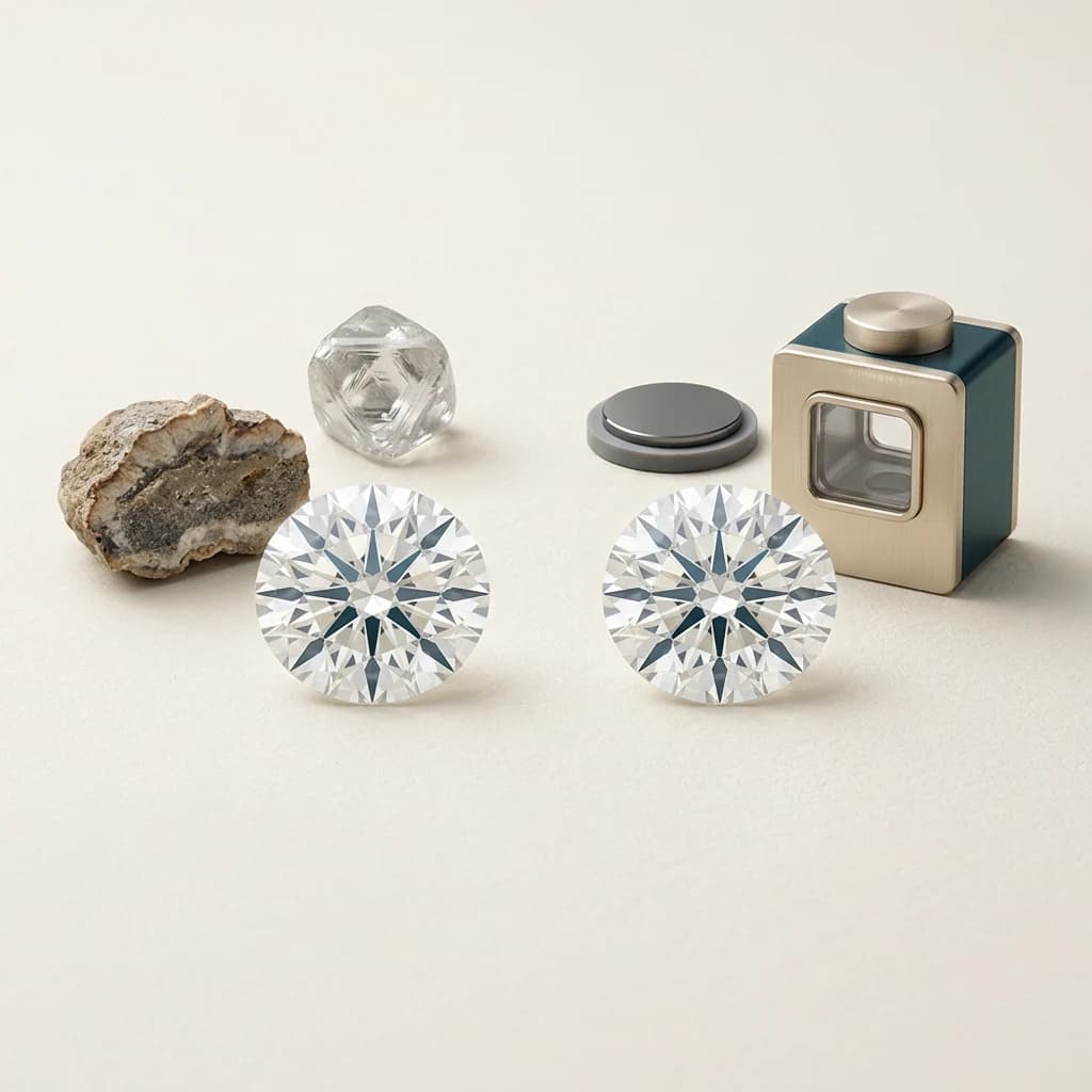 Diamantes pulidos idénticos comparados con contexto de origen natural y de crecimiento en laboratorio