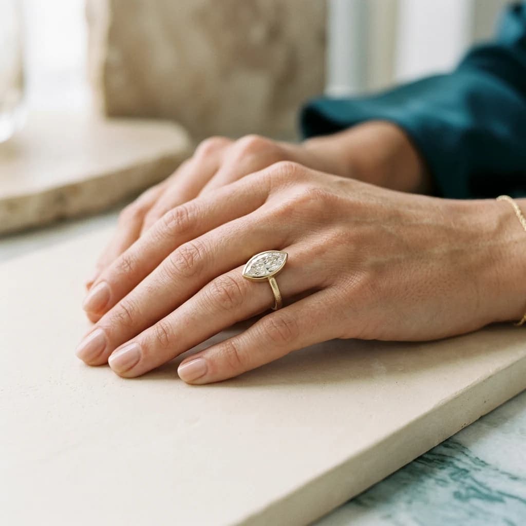 Bague marquise serti est-ouest, pointes parallèles à l’anneau