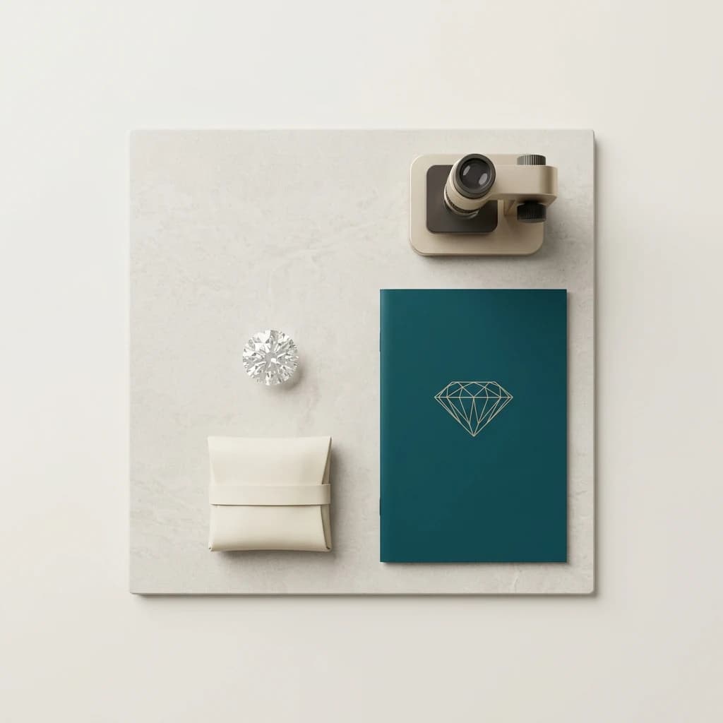 Loose lab-grown diamond matched with a blank report folder, inscription microscope and secure parcel