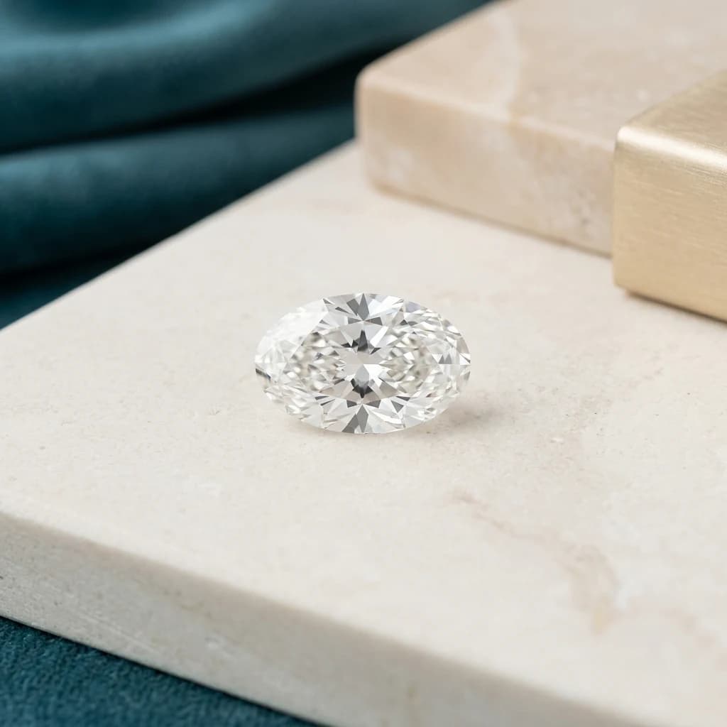 Elongated oval brilliant cut diamond with graceful curves and lively faceting