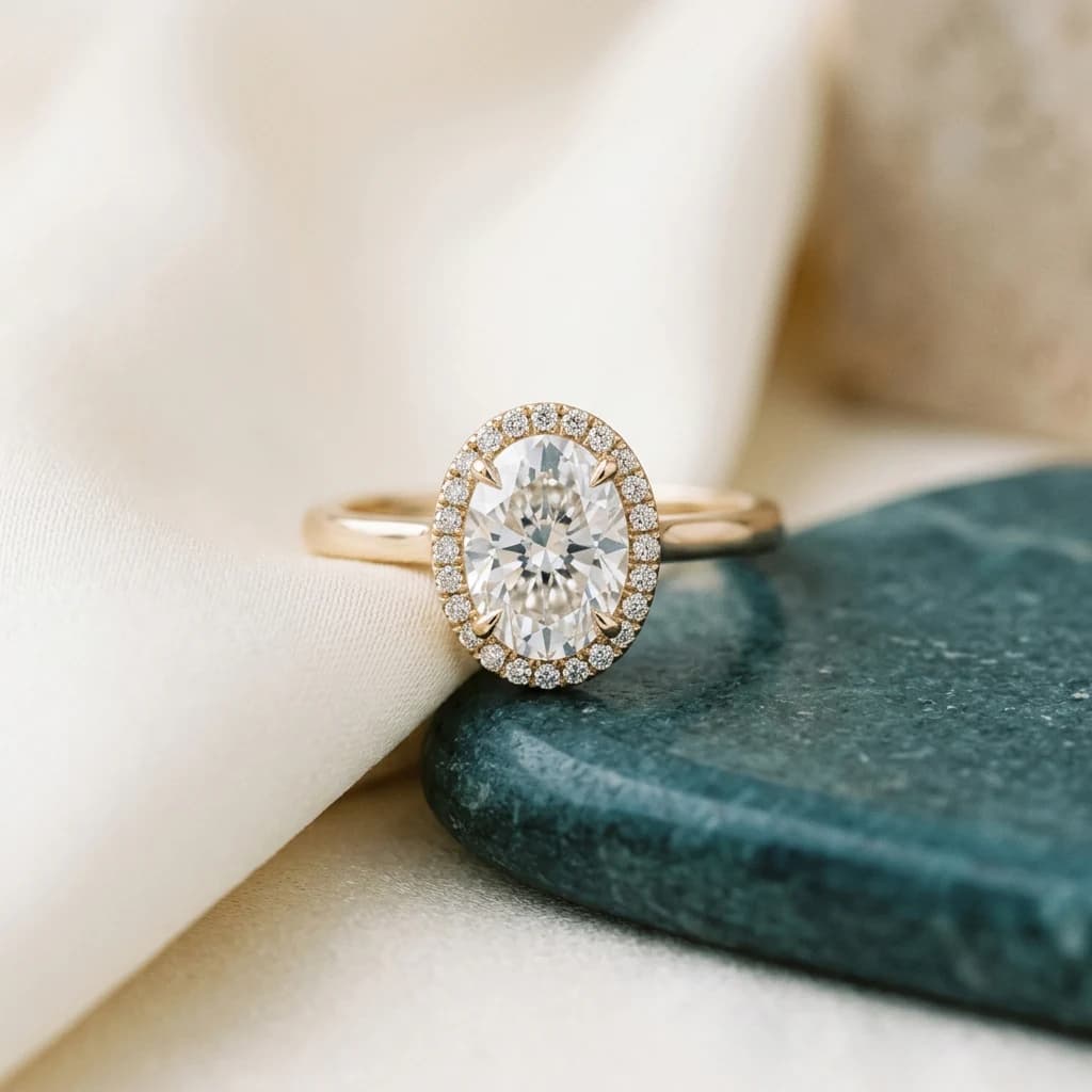 Anillo ovalado con engaste de halo ovalado a juego