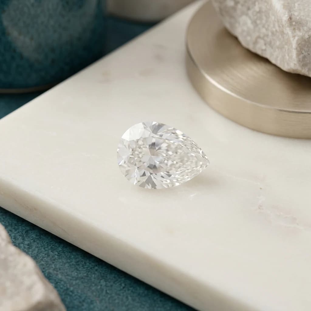 Teardrop pear shaped diamond with rounded end and pointed tip