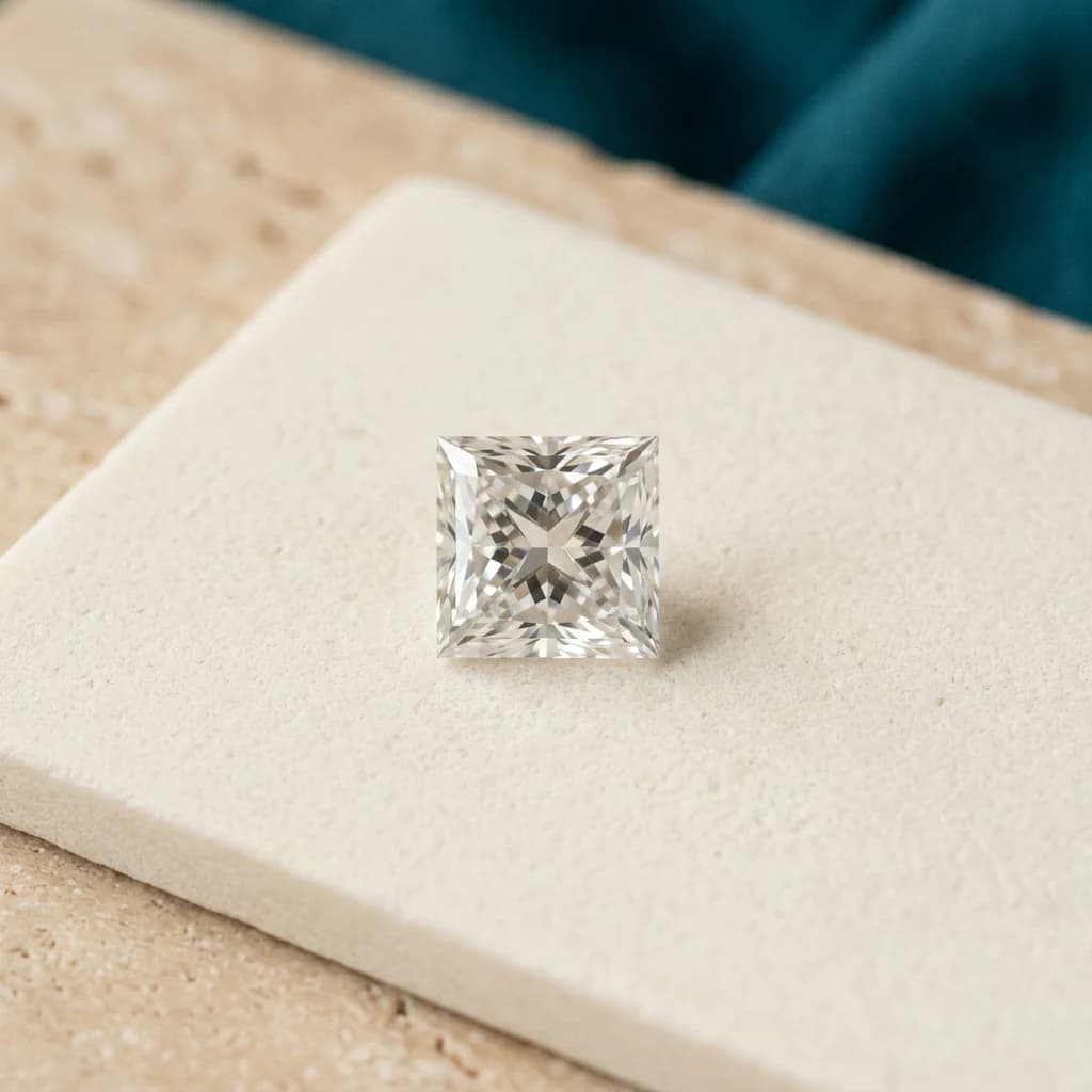 Square princess cut diamond with straight sides, sharp corners and brilliant faceting