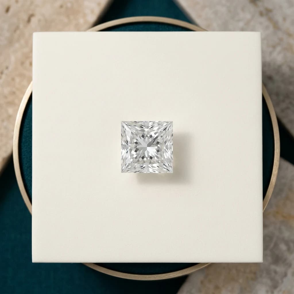 Diamante princess cuadrado visto desde arriba: lados rectos, esquinas vivas y facetas brillantes
