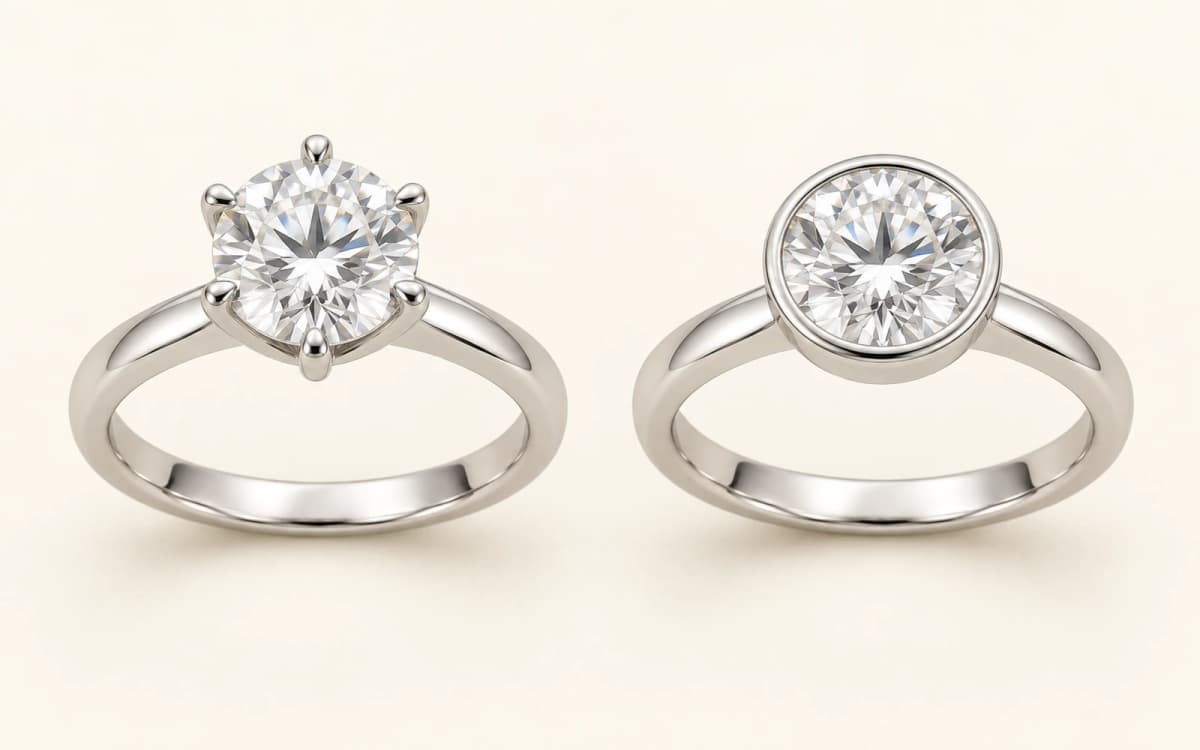 Comparaison conceptuelle entre une bague de fiançailles à six griffes et une bague à serti clos intégral