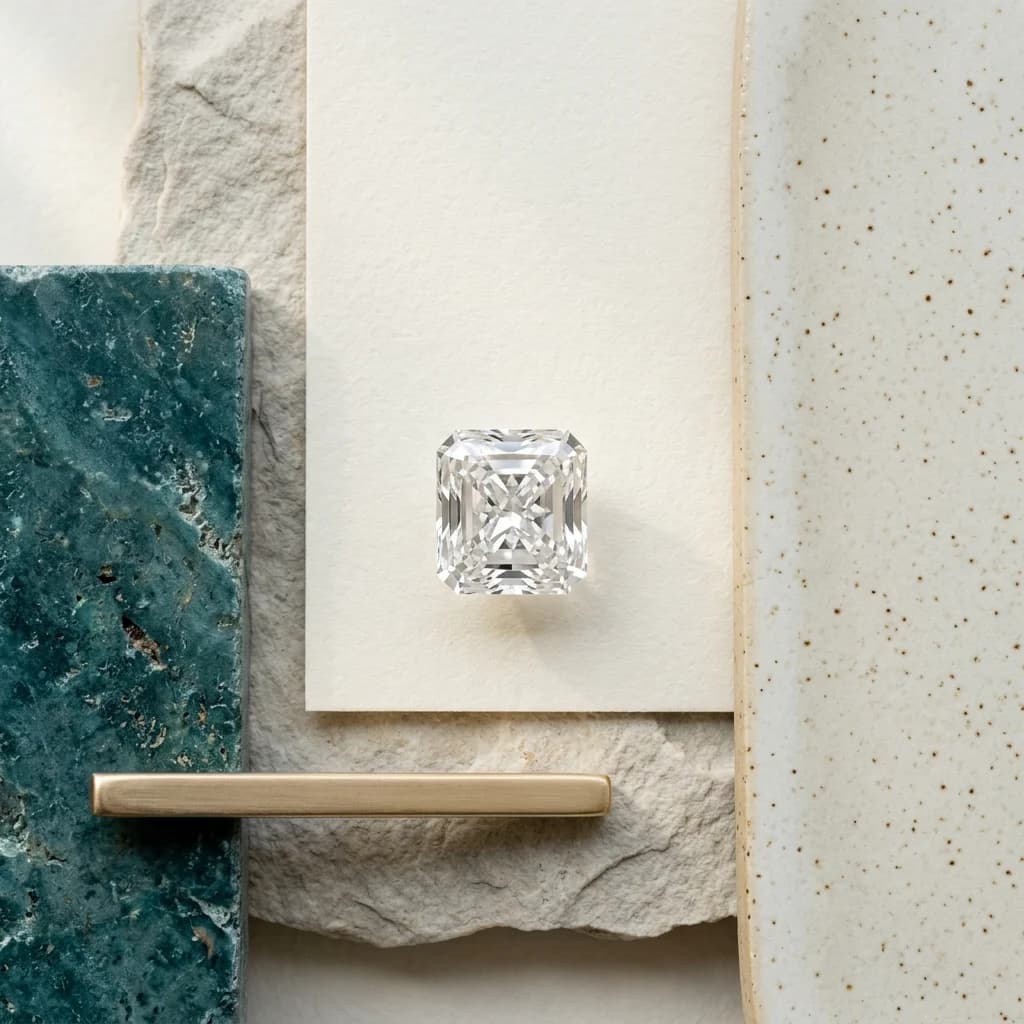 Radiant cut diamond seen from above with cropped corners and brilliant faceting