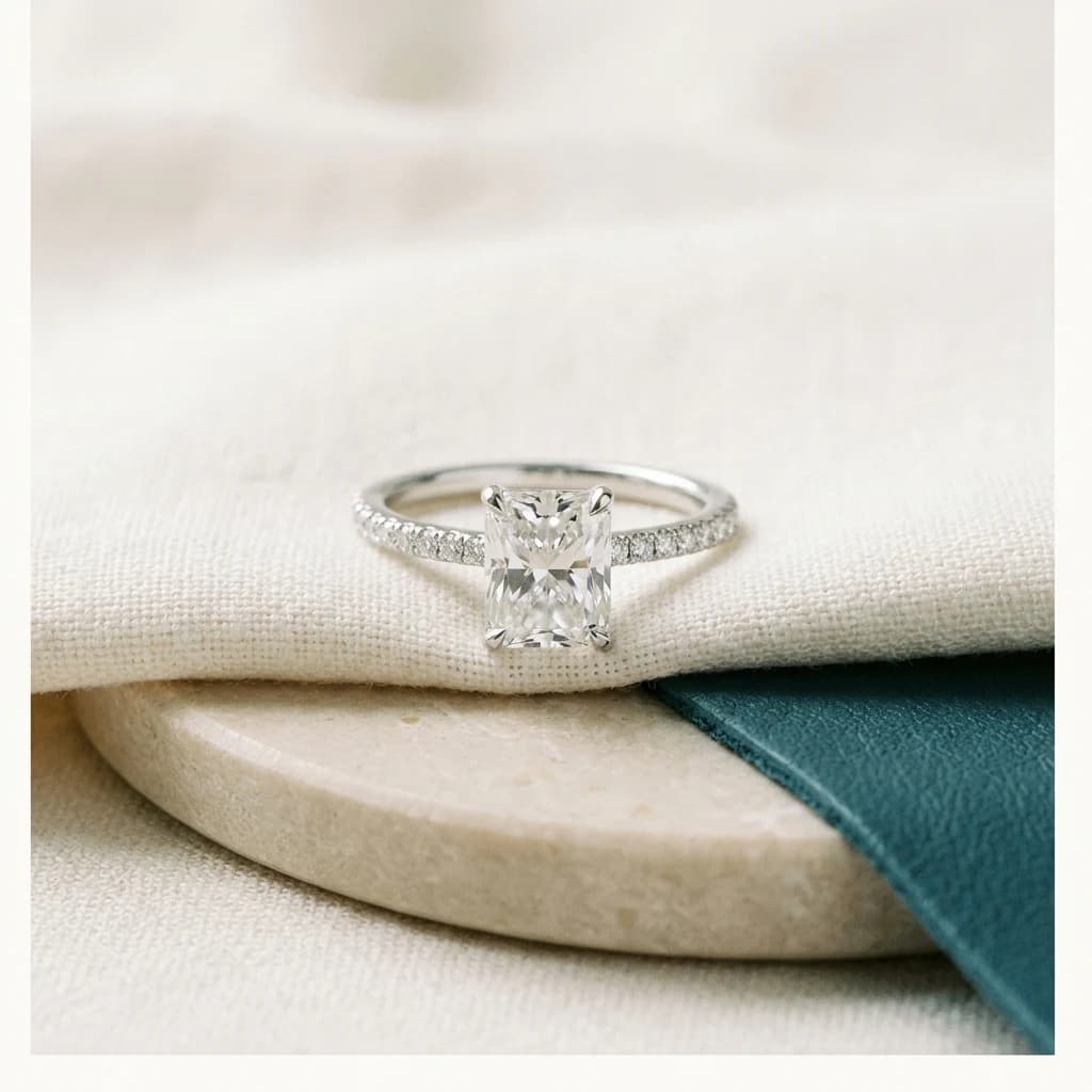 Radiant cut diamond engagement ring with slim pavé band