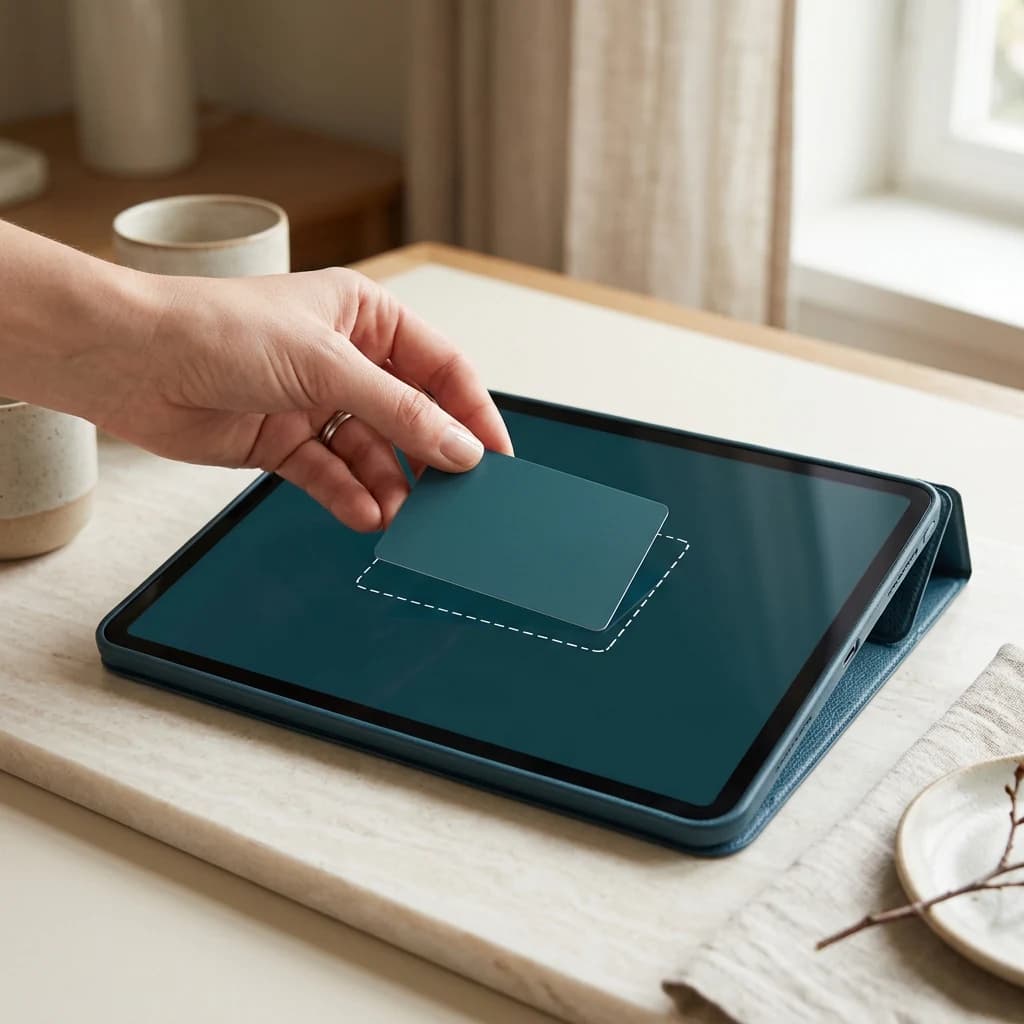 Main posant une carte bancaire sur une tablette affichant un contour de calibration