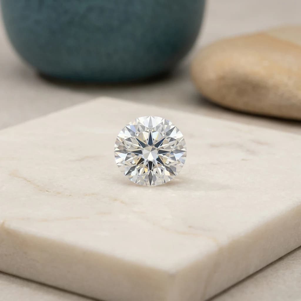 Classic round brilliant cut diamond with symmetrical faceting and strong light return