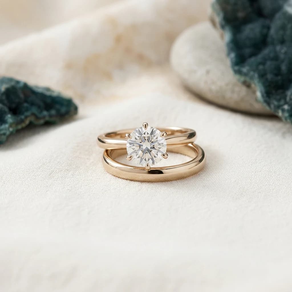 Round brilliant solitaire engagement ring paired with a matching plain wedding band