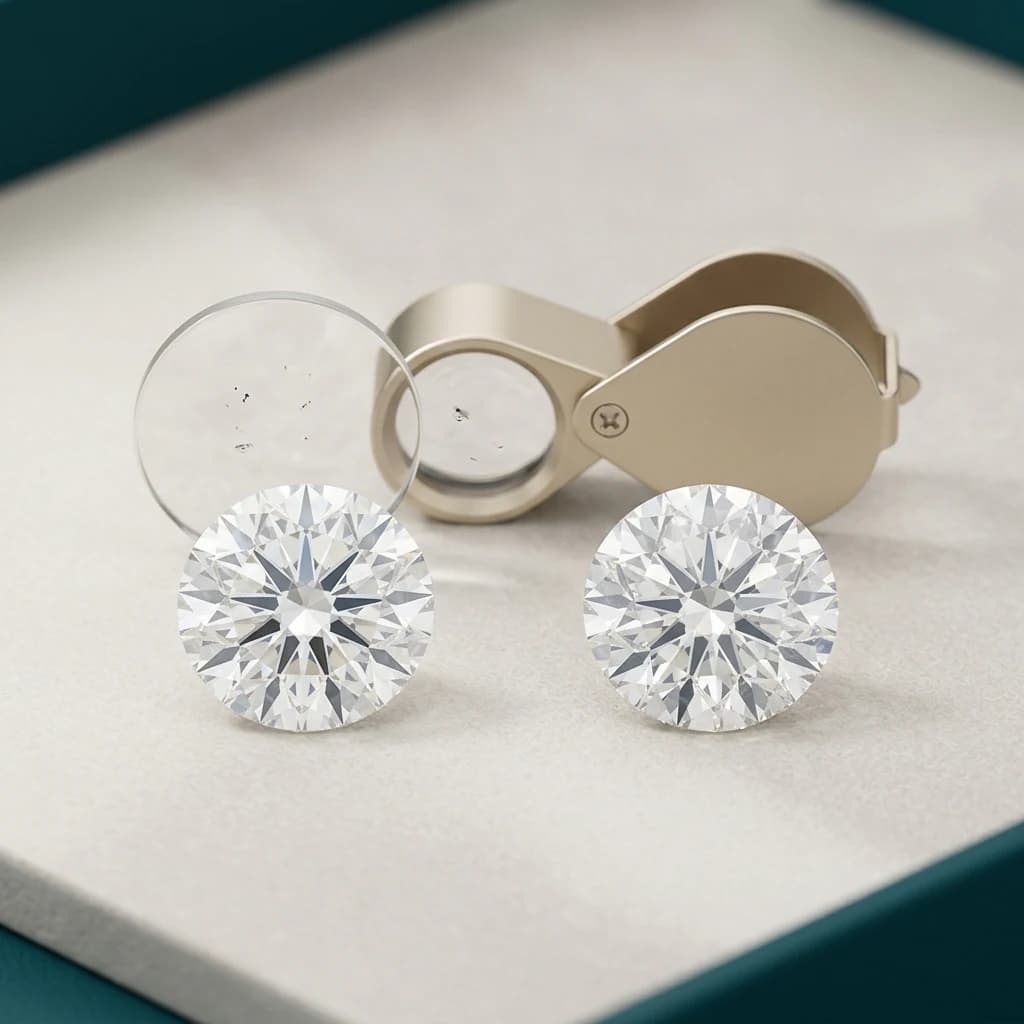 Two matched diamonds and a jeweler's loupe illustrating that VS and VVS clarity are evaluated under magnification