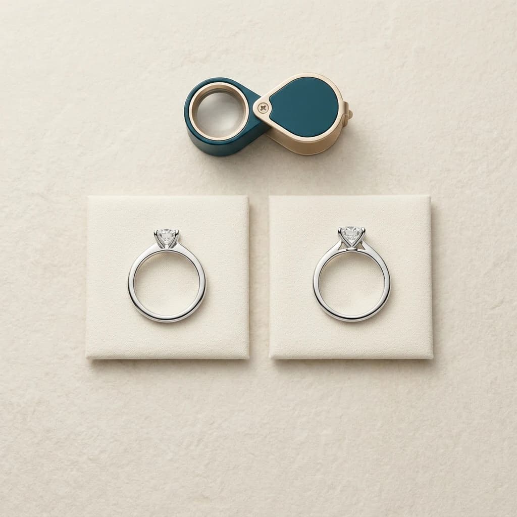 Two matched solitaire rings shown at normal viewing distance with a closed jeweler's loupe behind them