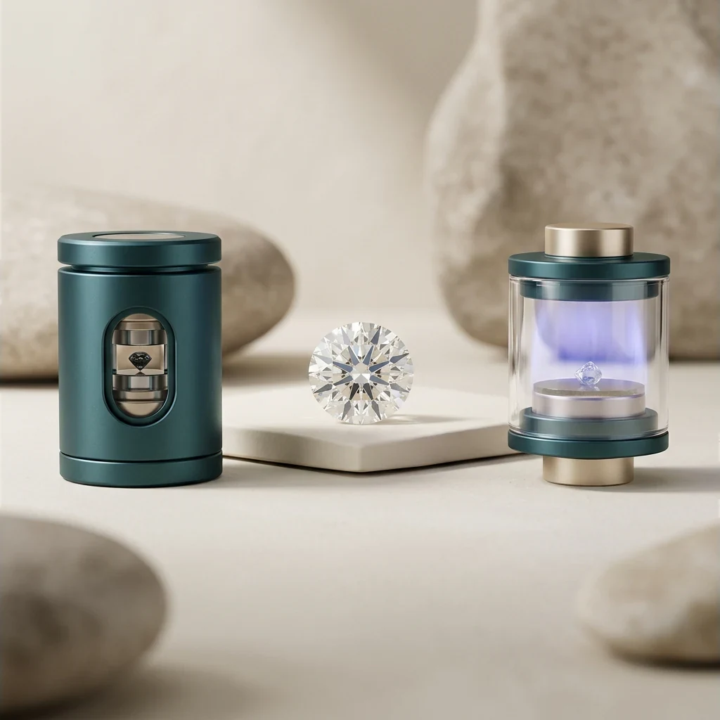 Conceptual HPHT and CVD lab-grown diamond processes shown beside a diamond seed, rough crystal and polished diamond