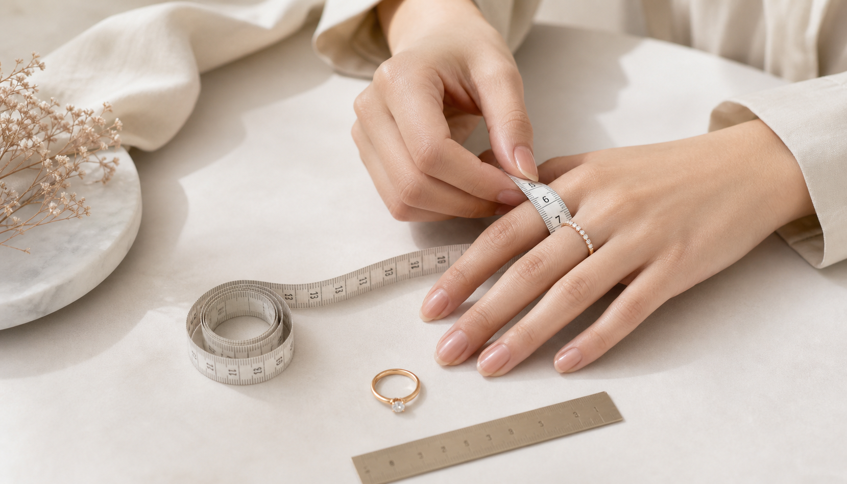A hand measuring ring size with a soft measuring tape